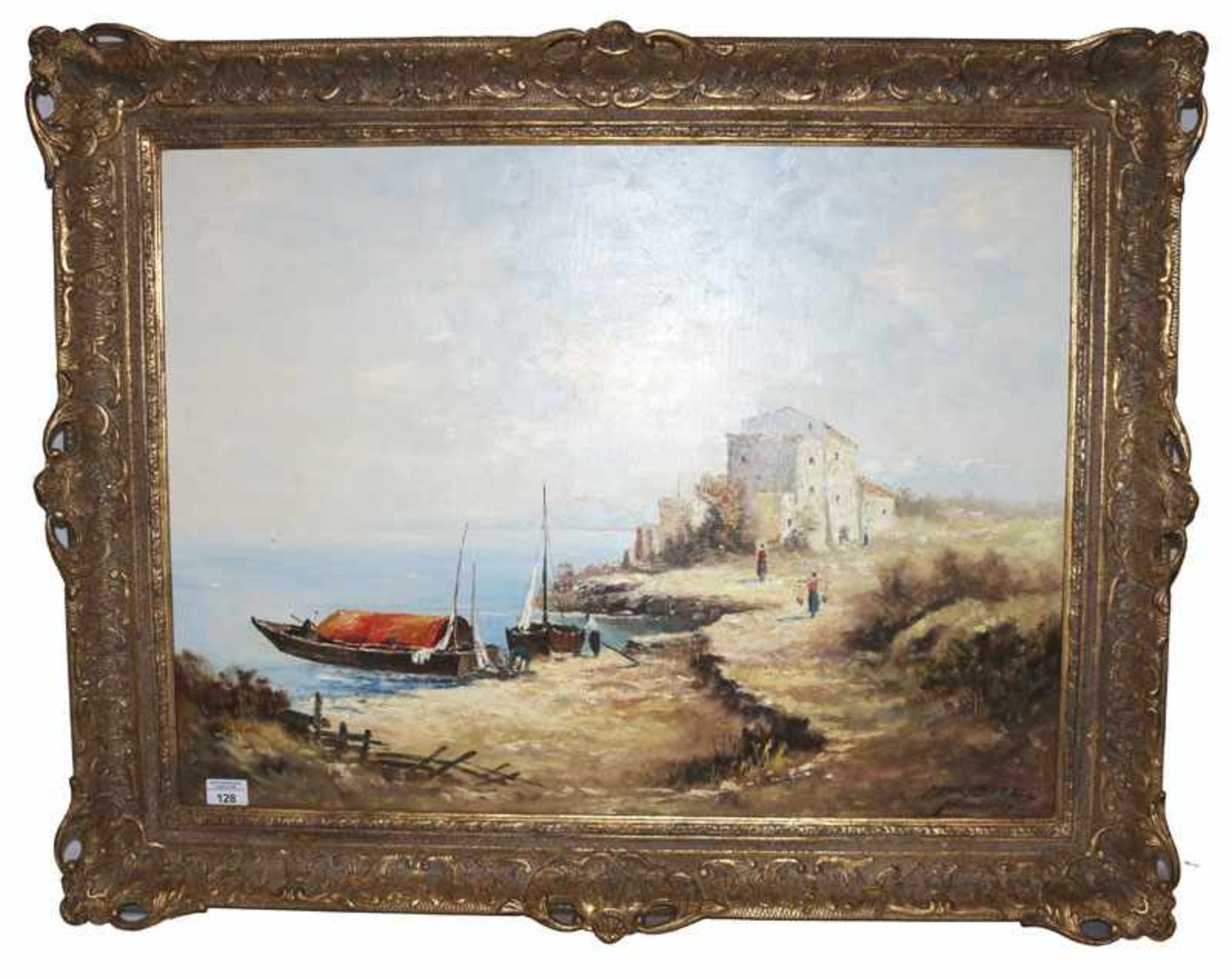 Gemälde ÖL/LW 'Küsten-Szenerie mit Booten', signiert A. (Andreas) Betz, * 1910 + 1963, gerahmt,