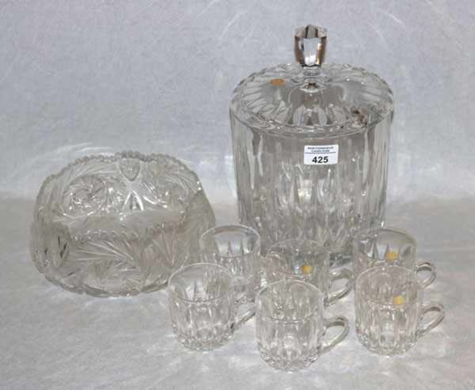 Kristallglas Bowle mit Deckel, H 28 cm, D 20 cm, und 6 passende Becher, H 8 cm, sowie Kristallglas