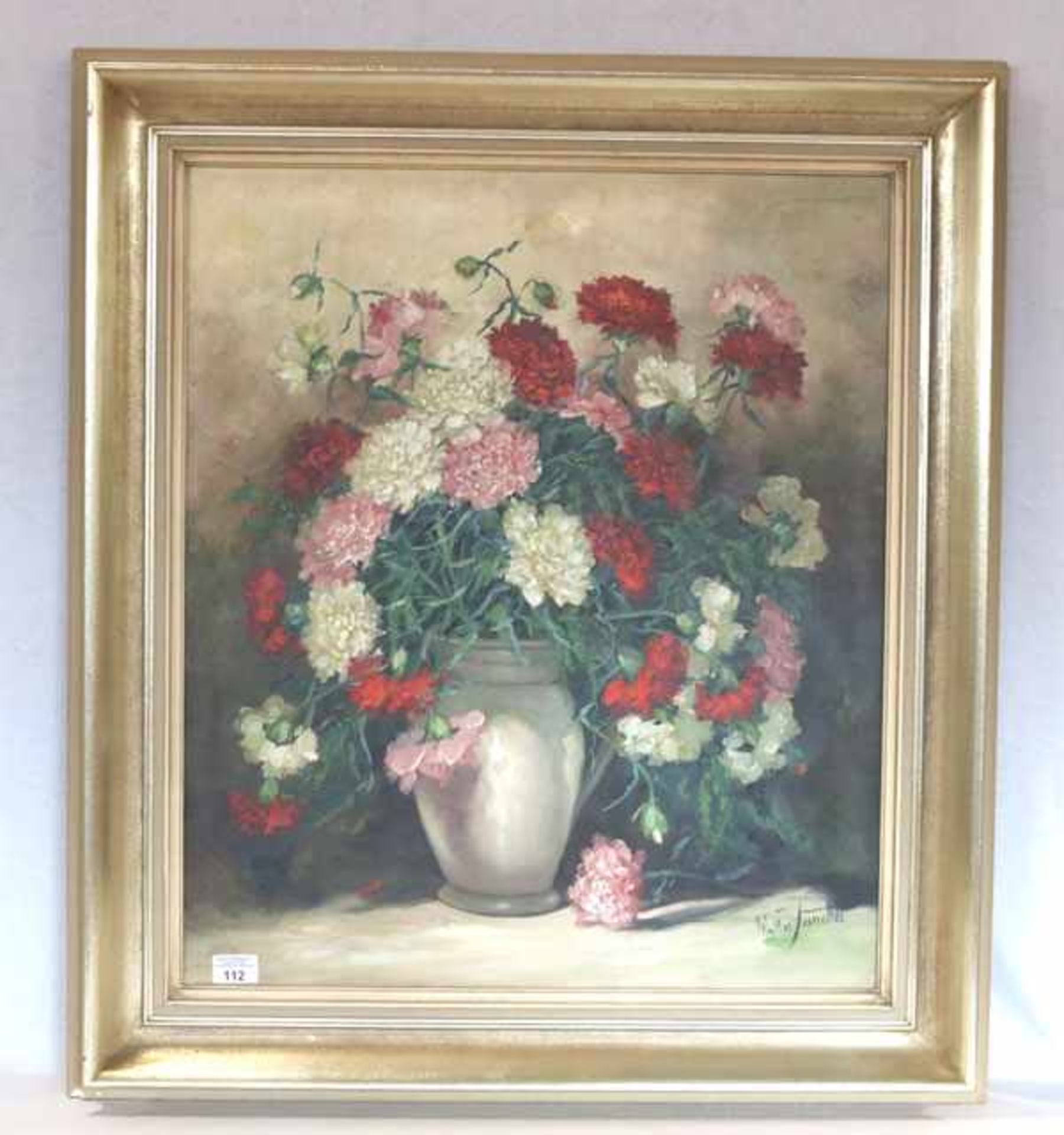Gemälde ÖL/LW 'Blumenstillleben, Nelken in Vase', signiert Walter Janotta, * 1900 + 1990 Münchner