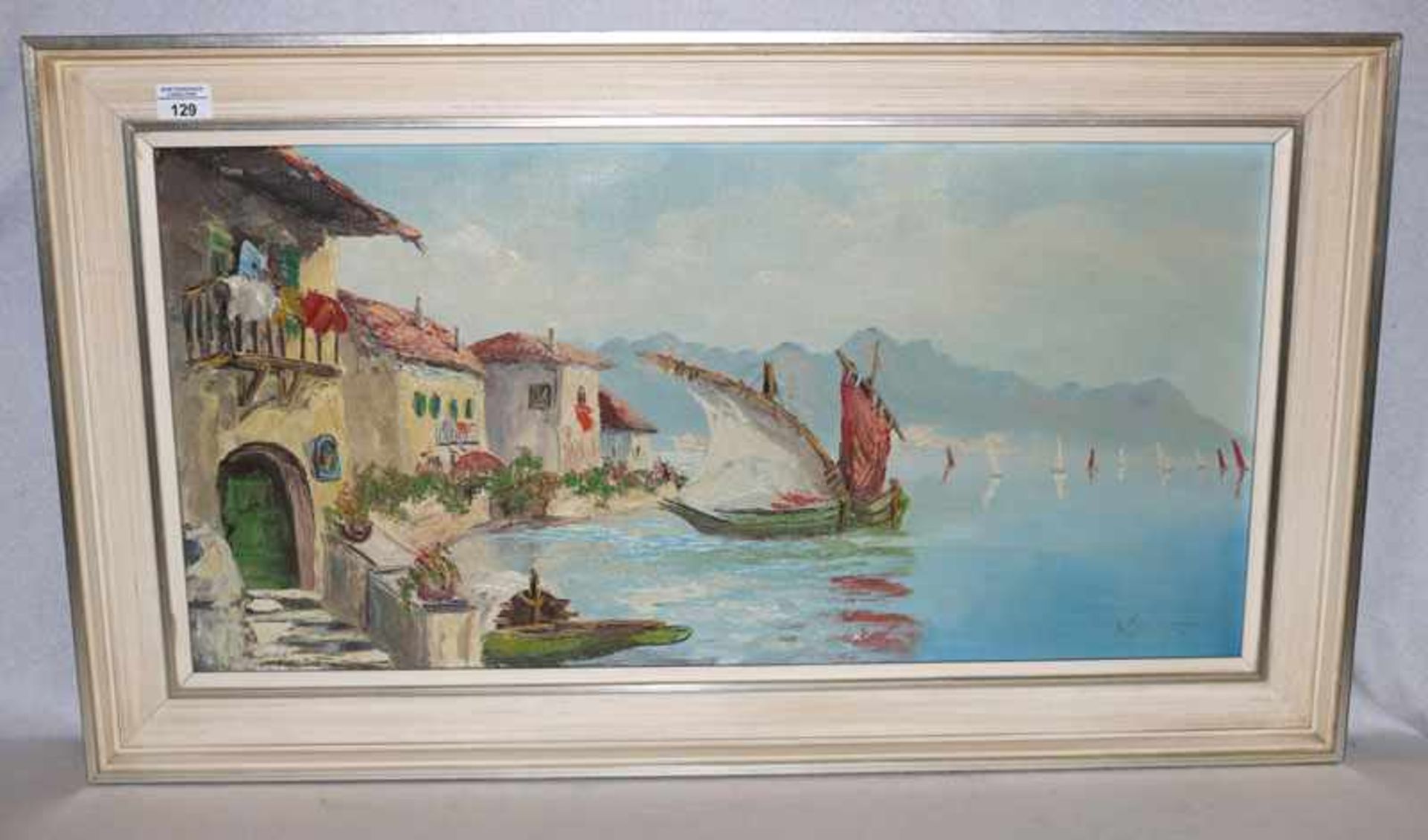 Gemälde ÖL/LW 'Gardasee-Szenerie', signiert Mühlhofer, gerahmt, Rahmen leicht bestossen,, incl.