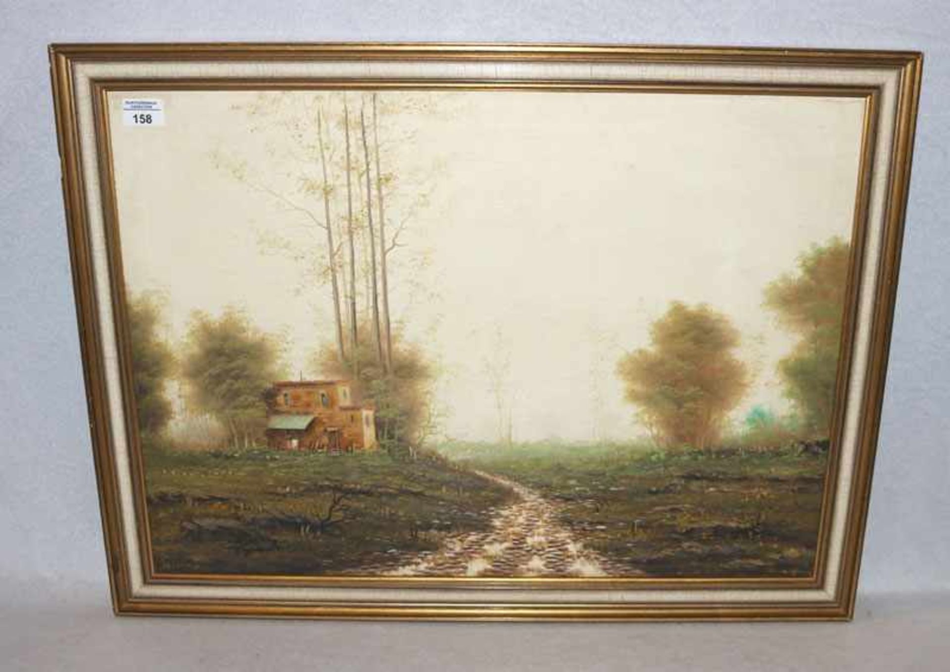 Gemälde ÖL/LW 'Herbstlandschaft mit Haus', undeutlich signiert, gerahmt, Rahmen leicht bestossen,