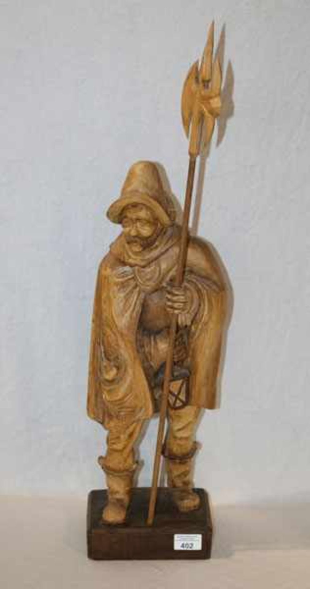 Holzfiguren Skulptur 'Nachtwächter', rückseitig mit Monogramm EH, dunkel gebeizt, H 74 cm, B 18