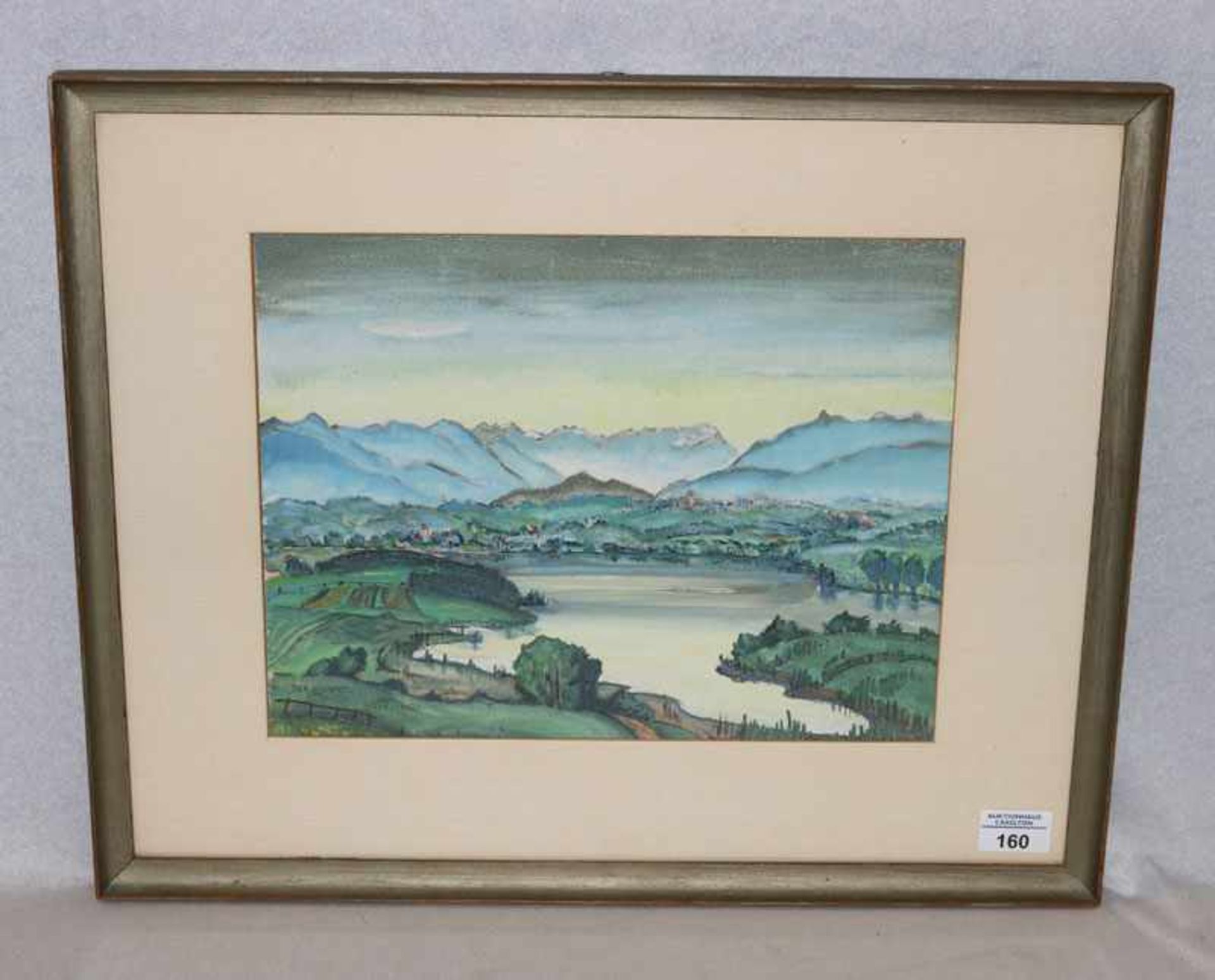 Aquarell 'Riegsee', signiert von Freyberg, mit Passepartout unter Glas gerahmt, incl. Rahmen 44 cm x