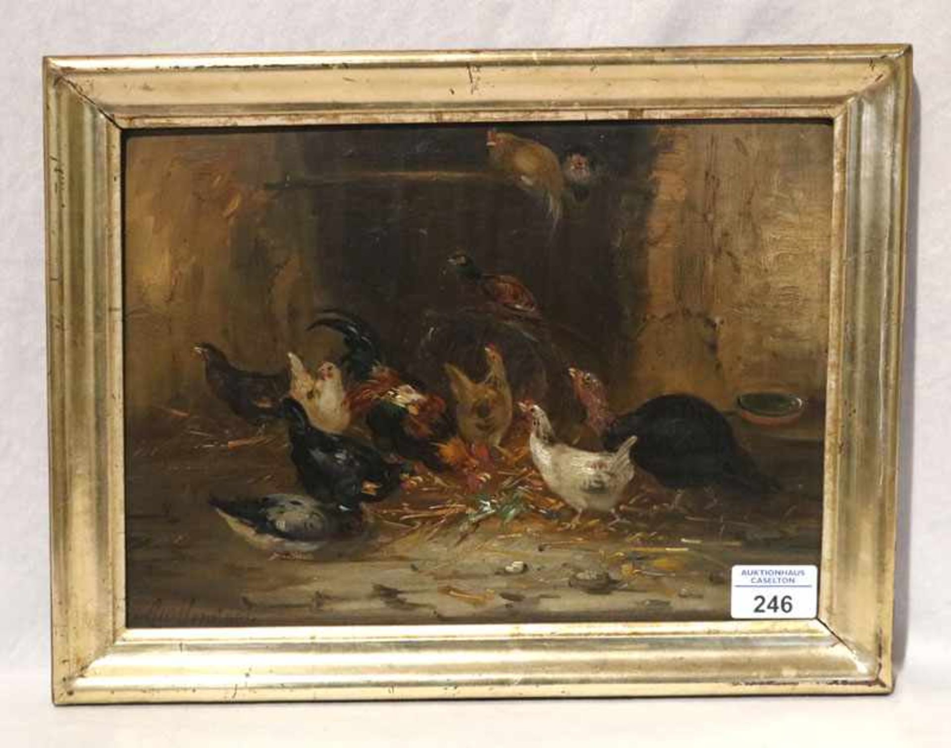 Gemälde ÖL/Holz 'Federvieh im Stall', signiert Guilleminet, Claude, * 1821 Paris + ca. 1866, Lit.: