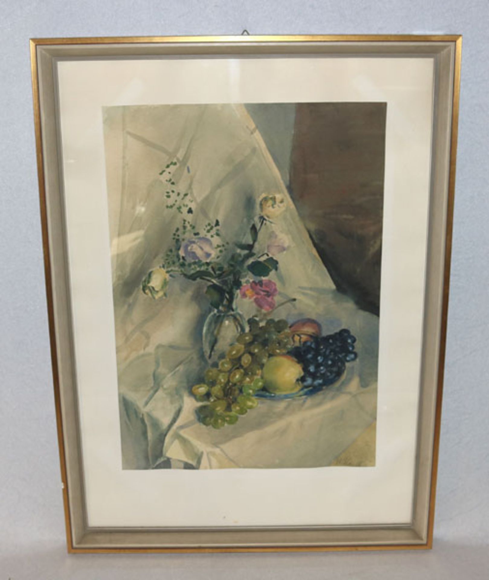 Aquarell 'Früchte- und Blumenstillleben', undeutlich signiert, datiert 58, mit Passepartout unter