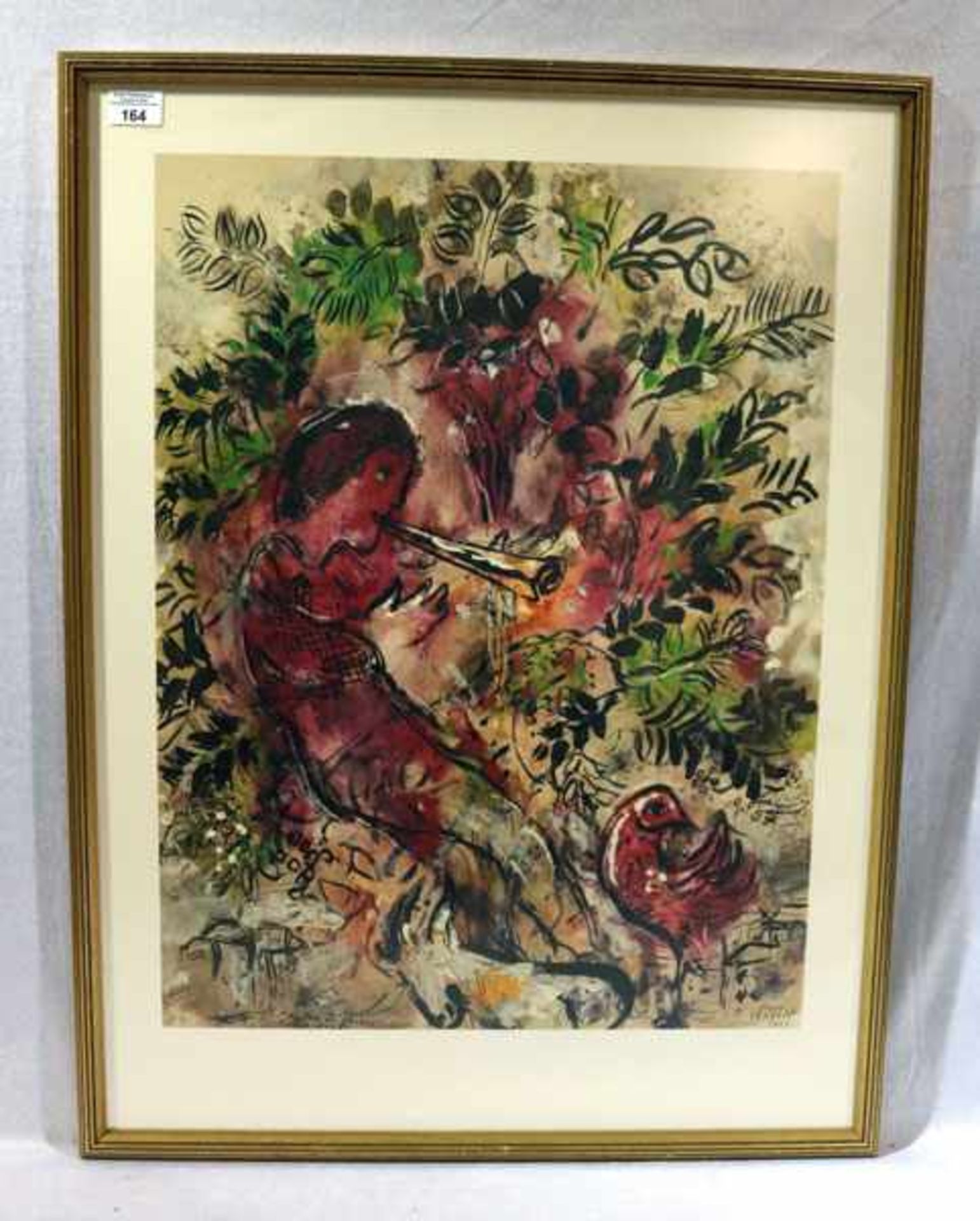 Druck 'Flötenspieler', nach Chagall, unter Glas gerahmt, Rahmen leicht bestossen, incl. Rahmen 83 cm