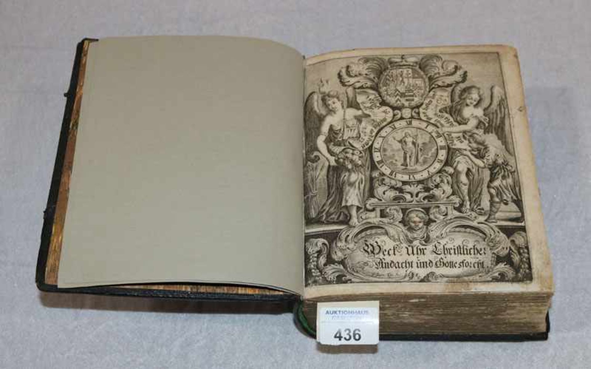 Buch 'Weck-Uhr Christliche Andacht und Gottesforcht', datiert 1689, ohne Abbildungen, Verschlüße