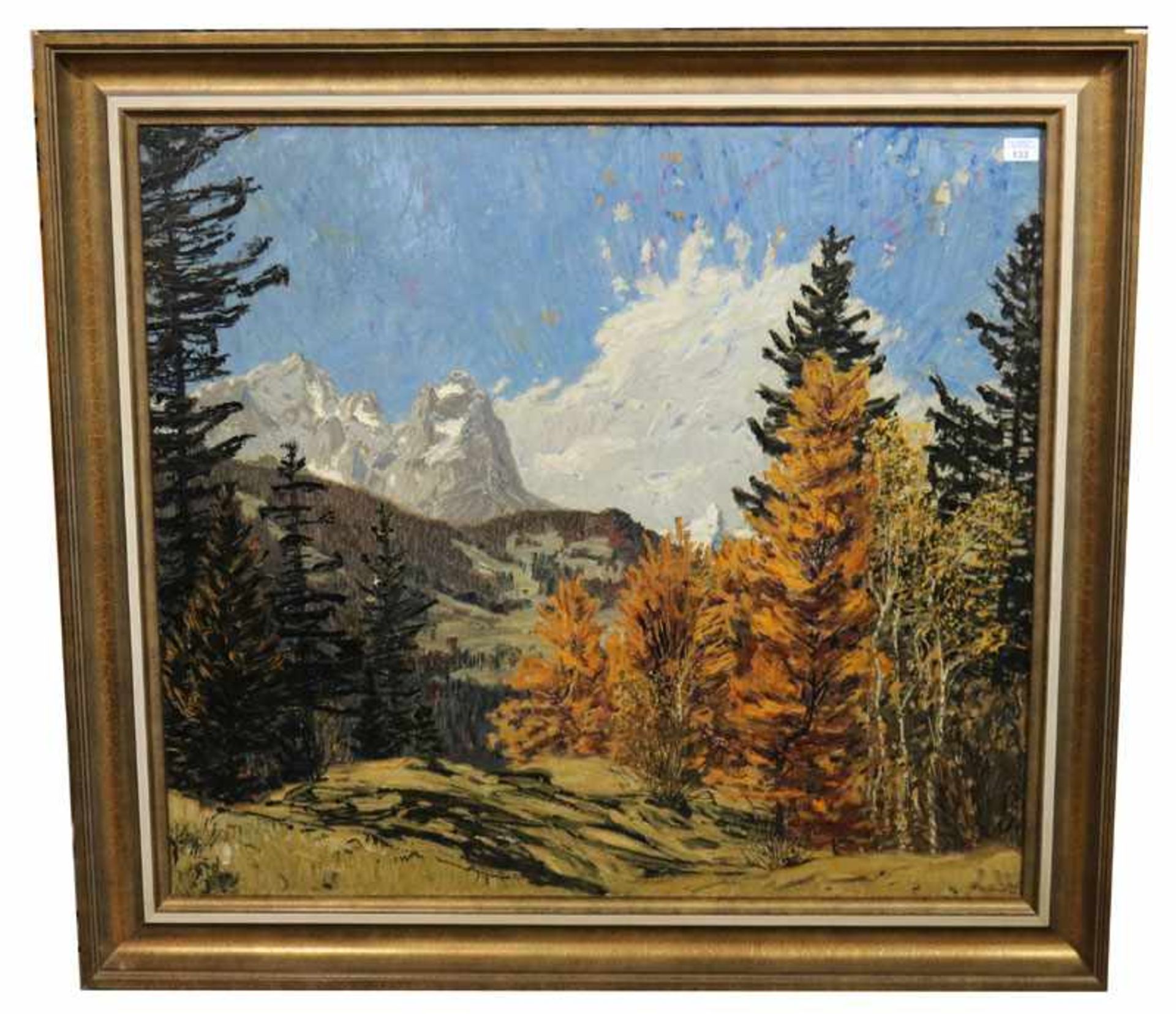 Gemälde ÖL/LW 'Blick auf Zugspitzgruppe', signiert Bauriedel, Otto, * 1881 München + 1961,