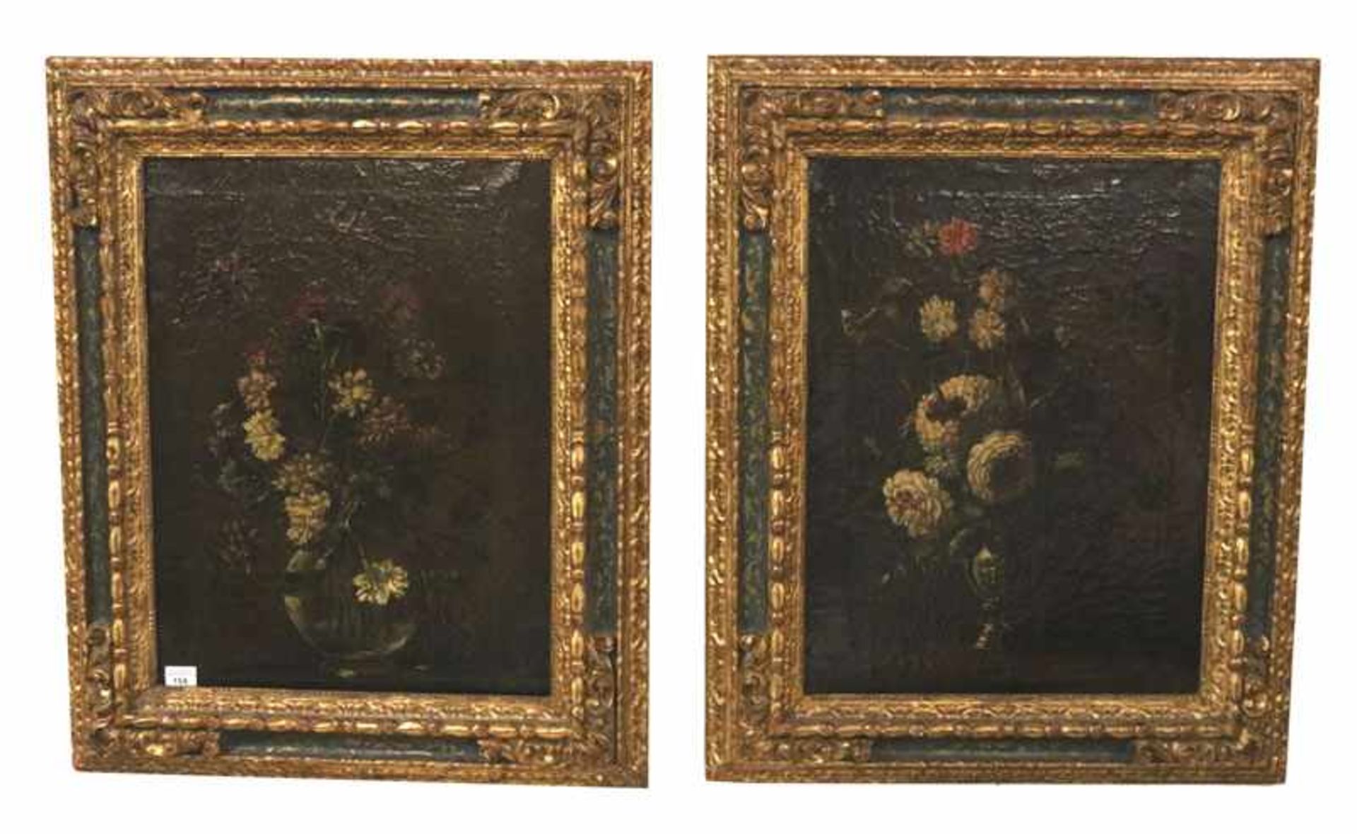 2 Gemälde ÖL/LW 'Blumenstilleben in Vase', 18. Jahrhundert, ev. 17. Jahrhundert, detailliert, fein