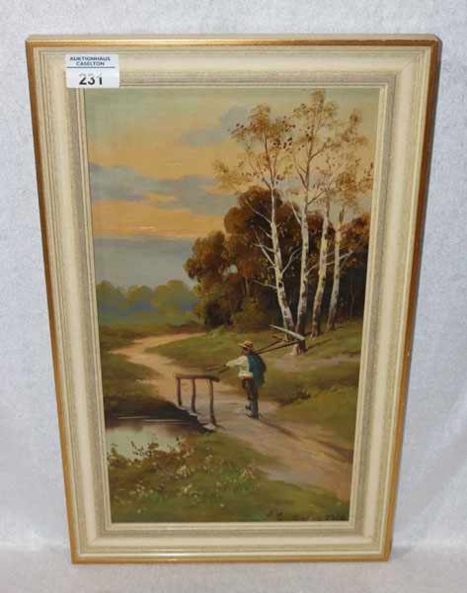 Gemälde ÖL/Malkarton 'Landschafts-Szenerie mit Bauer', monogrammiert A. M. Grodn ? 1919,