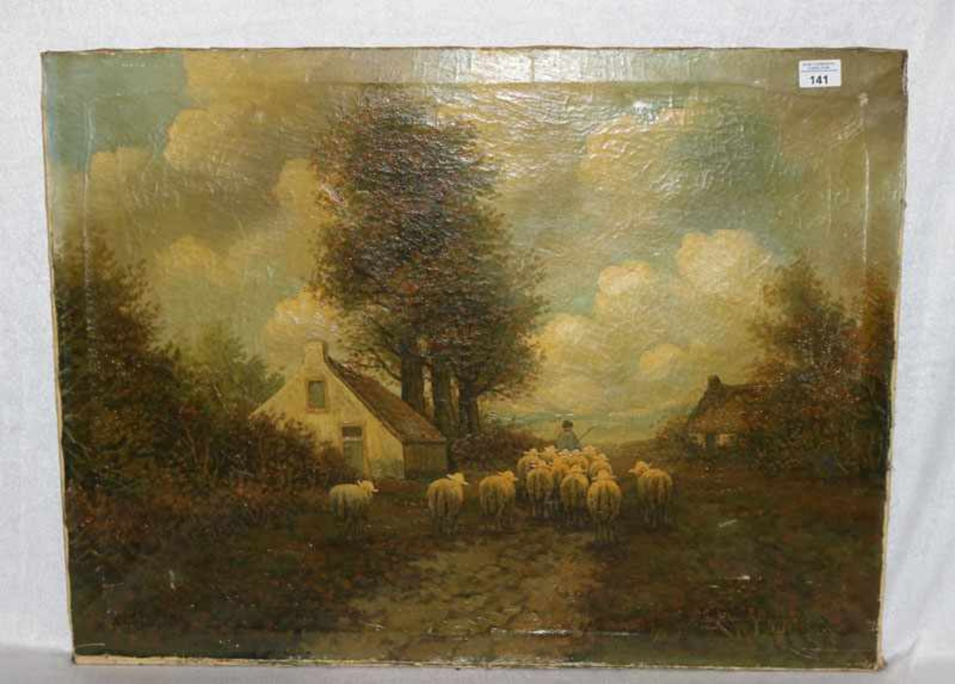 Gemälde ÖL/LW 'Schäfer mit Schafherde', undeutlich signiert, LW geschädigt, ohne Rahmen, 60 cm x
