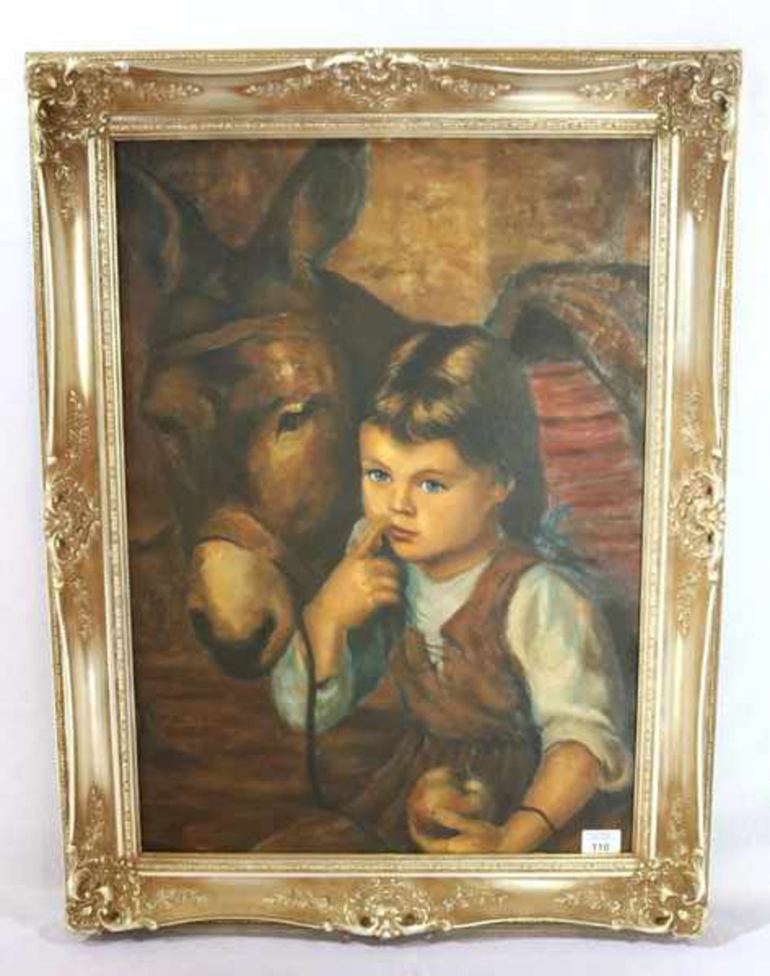Gemälde ÖL/Hartfaser 'Mädchen mit Esel', gerahmt, incl. Rahmen 85 cm x 65 cm
