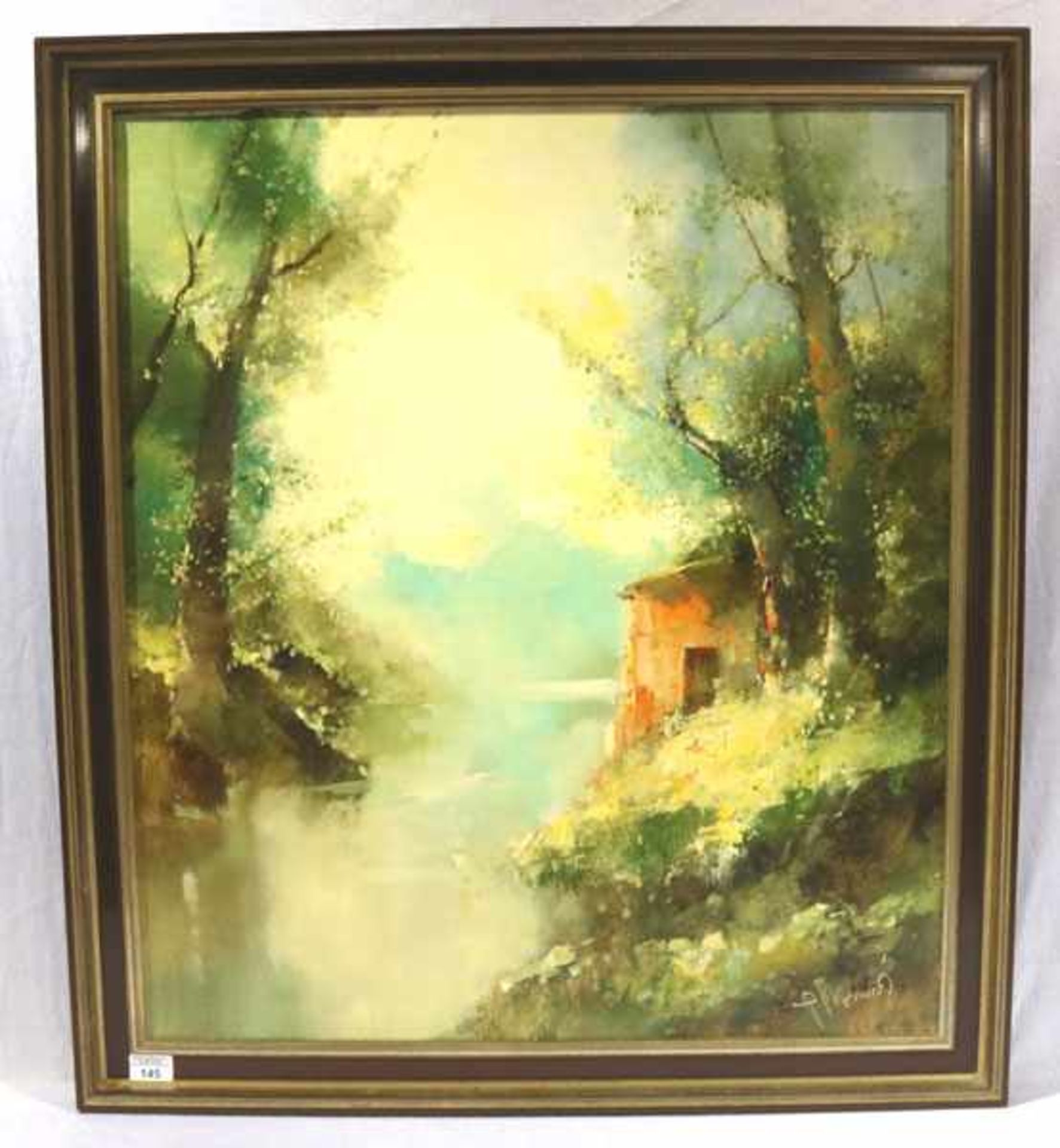 Gemälde ÖL/LW 'Landschafts-Szenerie mit Haus am See', signiert P. Morrò, (Ingfried Henze) + 1925