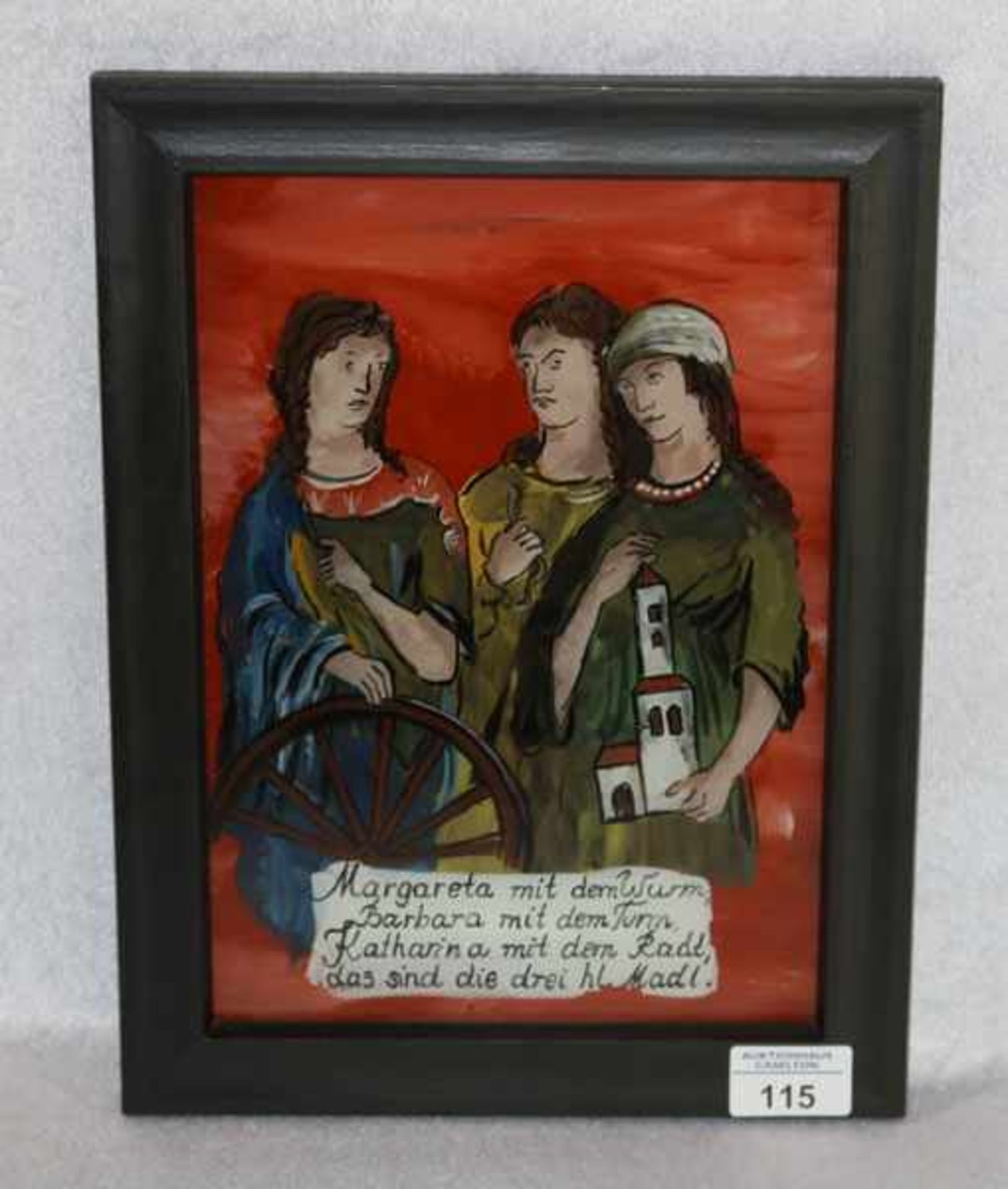 Hinterglasbild 'Die 3 heiligen Madl', gerahmt, incl. Rahmen 33 cm x 24,5 cm