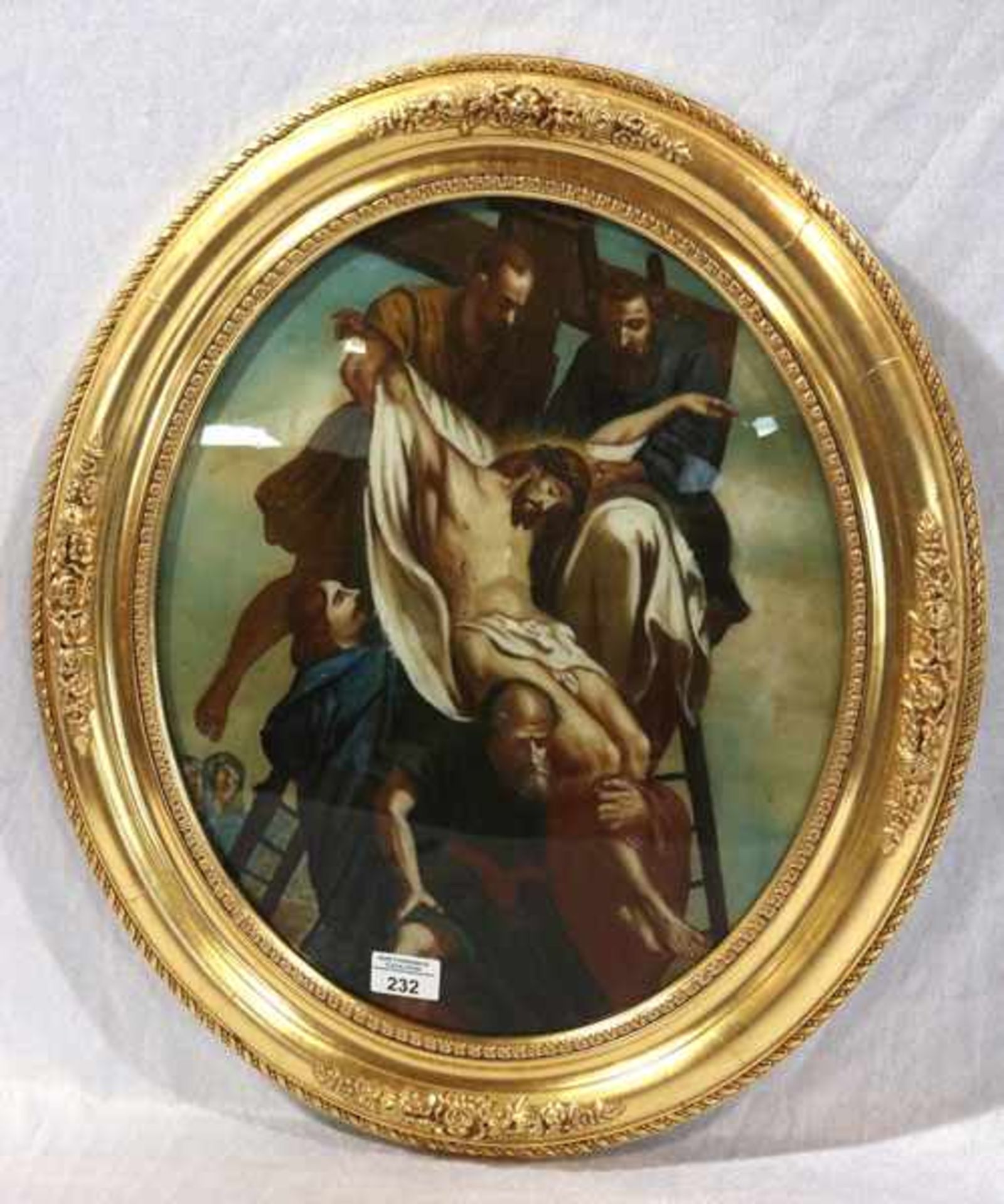 Hinterglasbild 'Kreuzabnahme', um 1900, oval gerahmt, 60 cm x 50 cm