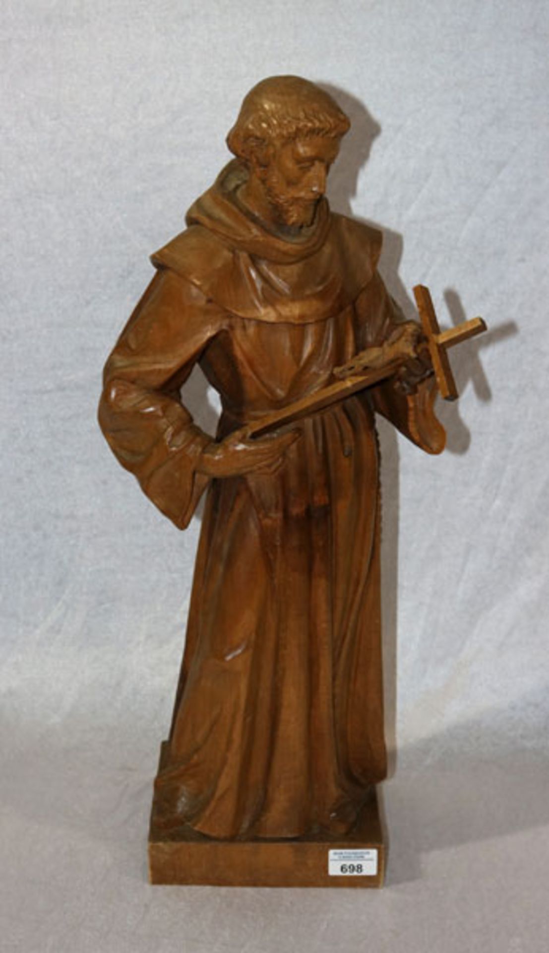 Holz Figurenskulptur 'St. Franziskus', Oberammergau, gebeizt, H 64 cm, teils bestossen und