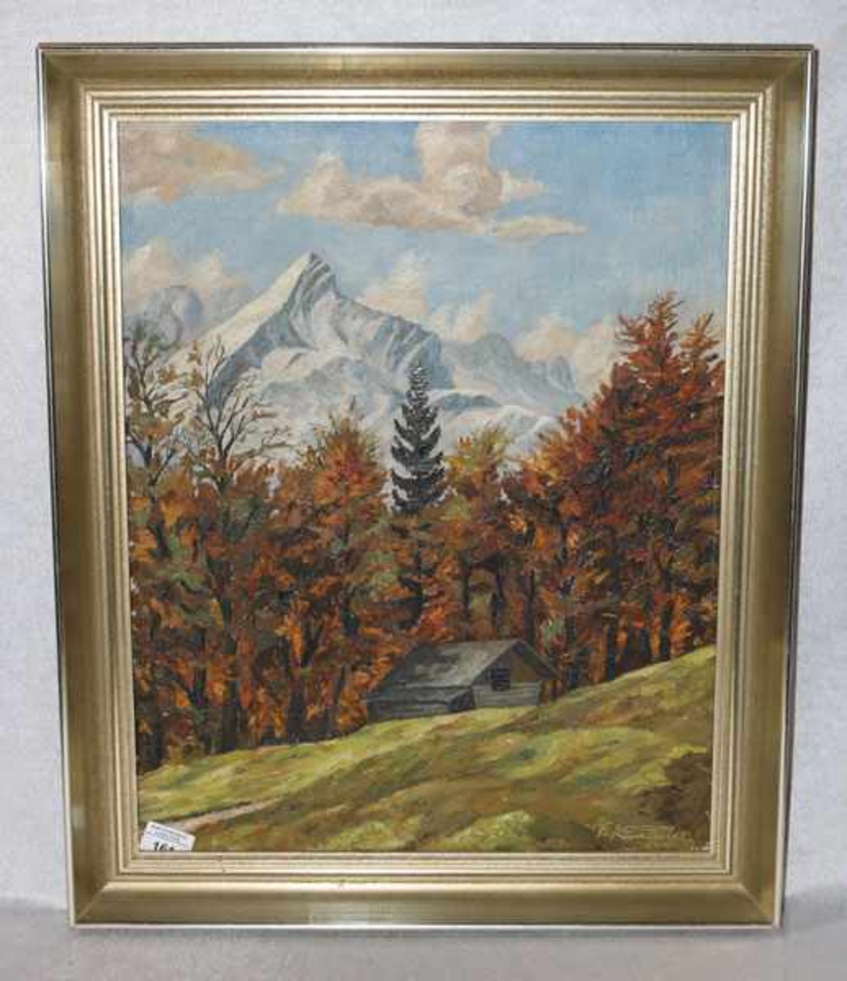Gemälde ÖL/LW 'Herbst in Schlatan bei Garmisch', signiert Fr. Kamleiter, 1945, gerahmt, Rahmen