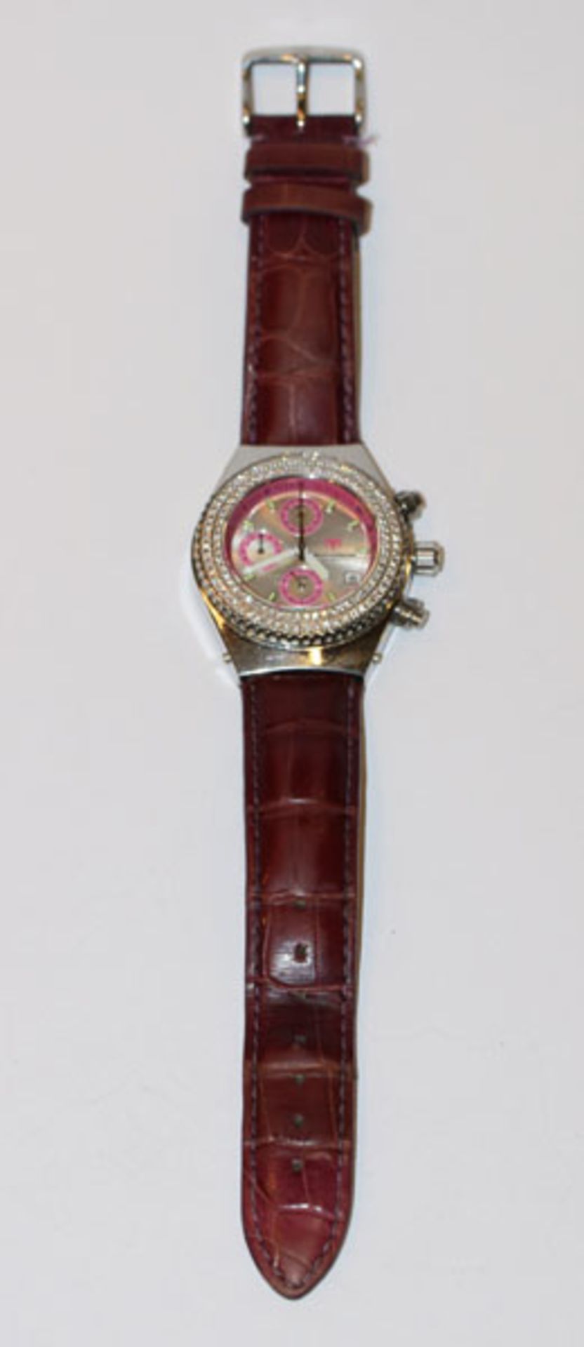 Damen Armbanduhr, Chronograph, Techno Marine mit Diamantkranz, an dunkelrotem Lederarmband und 2