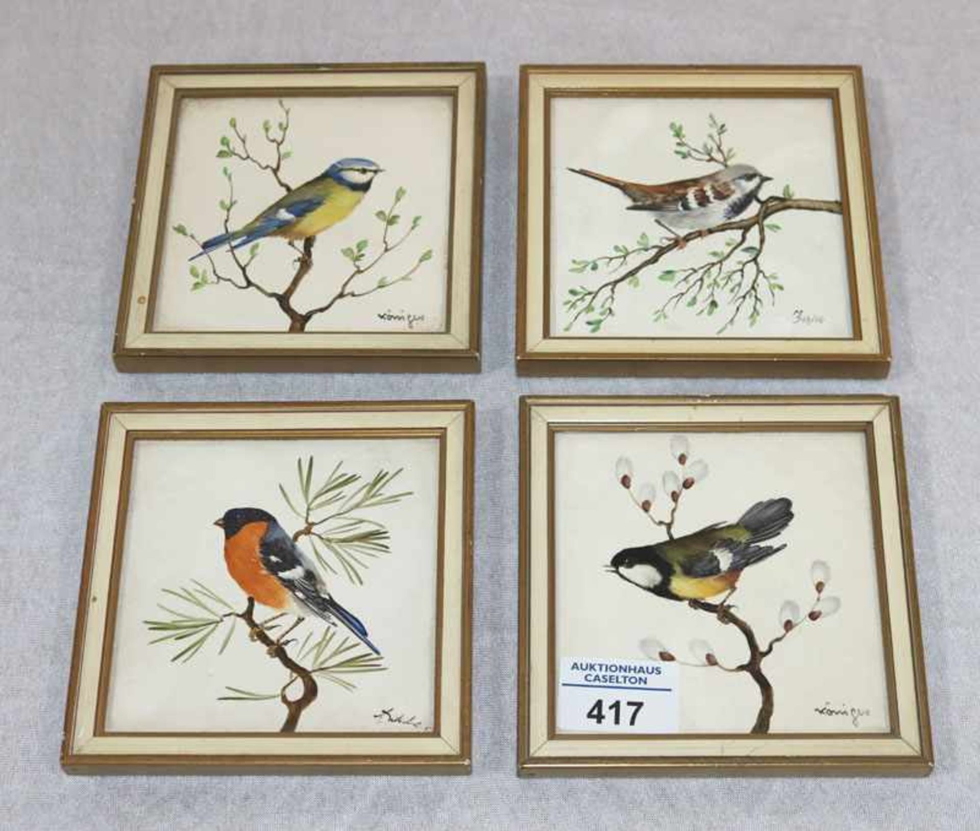 4 Rosenthal Porzellanfliesen mit Vogeldekor, gerahmt, Rahmen teils bestossen, 12,5 cm x 12,5 cm