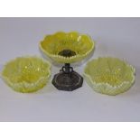 Two pieces of Victorian press moulded yellow glass with white rims.