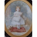 A Victorian oval painted porcelain plaque – Young girl with doll standing on a red cushion,