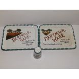 Two Dartmoor Ware inscribed souvenir trays and a pepperette. (3)