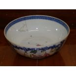 A 19thC Chinese famille rose porcelain fruit bowl with underglaze blue borders – repaired.