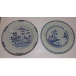 An 18thC Chinese blue & white export porcelain plate and one other – one cracked. (2).