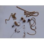 A gold necklace, earrings and other items.