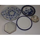 A plain 18thC Caughley hexagonal small tray, five various 19thC plates and a Myott coffee cup &