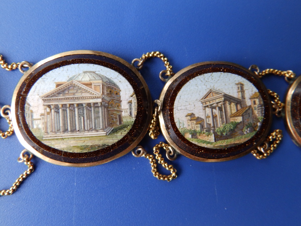 An early 19thC Italian micro-mosaic 'Grand Tour' gold necklace, comprising 12 graduated oval - Bild 3 aus 9