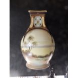 A Noritake vase painted lakeland scene with square section neck, 8.5”