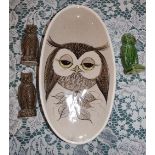 A small green glazed earthenware owl with glass eye – 'Blinks', 4.25”, two owl whistles and a studio