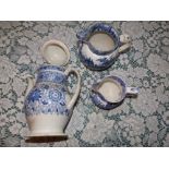 A 19thC blue & white printed coffee pot and two jugs – a/f. (3)