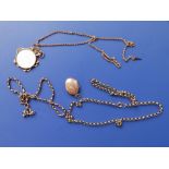 Three 9ct belcher link necklaces and two lockets. (5)