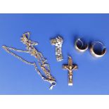 A 9ct gold crucifix pendant, a chain, a pair of earrings and a broken section of 9ct bracelet