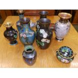 A pair of Oriental cloisonne vases and eight other pieces – a/f. (10)