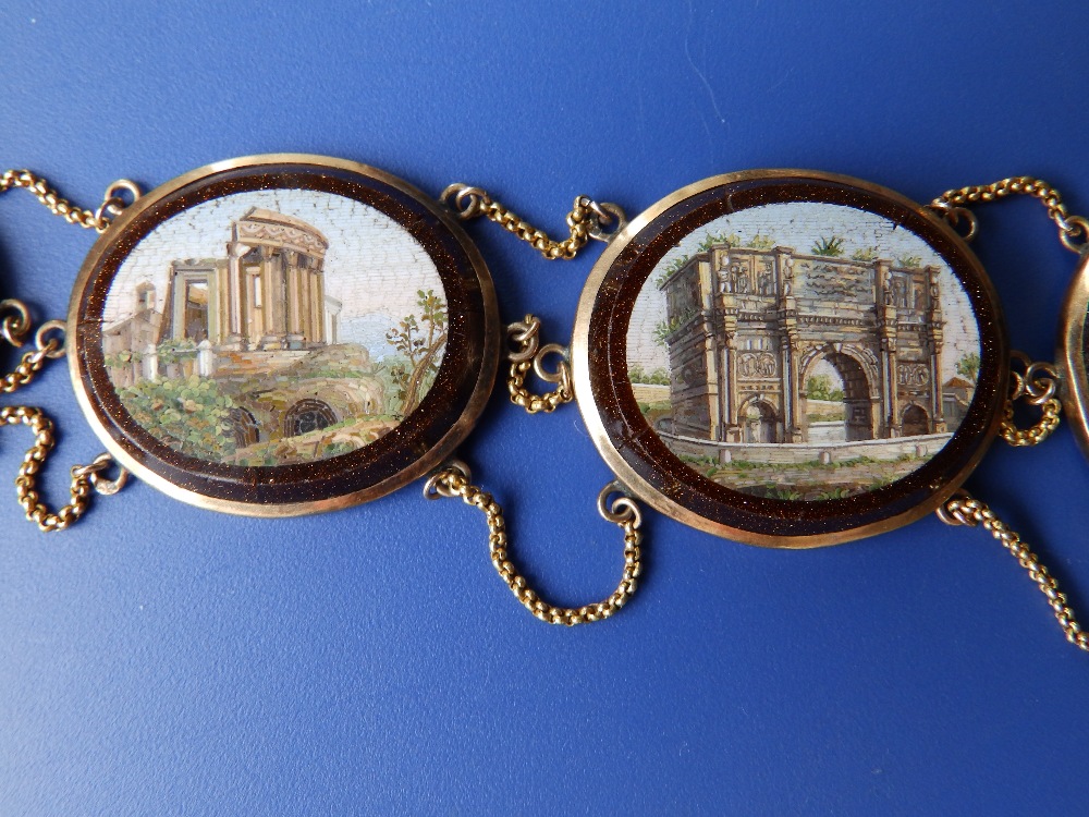 An early 19thC Italian micro-mosaic 'Grand Tour' gold necklace, comprising 12 graduated oval - Bild 5 aus 9