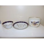 An 18thC Worcester blue & gilt decorated porcelain tea bowl & saucer and a sugar basin. (3)