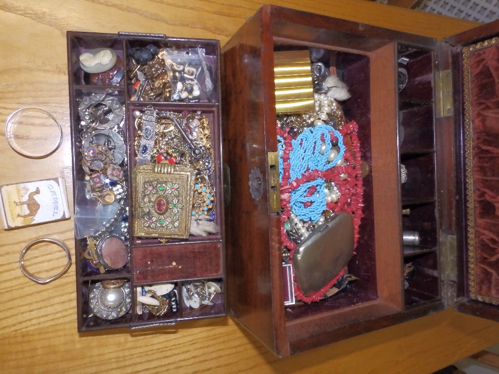 A Victorian toiletry box and contents of jewellery and other items.