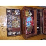 A Victorian toiletry box and contents of jewellery and other items.