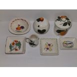 Two Plichta preserve jars with damaged covers, a Plichta cream jug, two small Plichta trays and