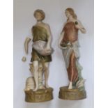 A pair of late 19thC Austrian biscuit porcelain figures, 15” - one a/f