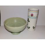 A Plichta ribbed celadon bowl, a floral painted vase and two pairs of Bovey Pottery Blue Waters