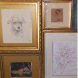 A Victorian coloured print of a reclining lady, one other, a pencil drawing of a terrier by Marion