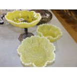 Three pieces of Victorian press moulded yellow glass with white rims.