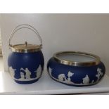 An Adam blue jasperware EP mounted biscuit barrel and salad bowl. (2)