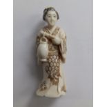 A Japanese signed ivory netsuke depicting a Bijin holding a lantern, 2.4”