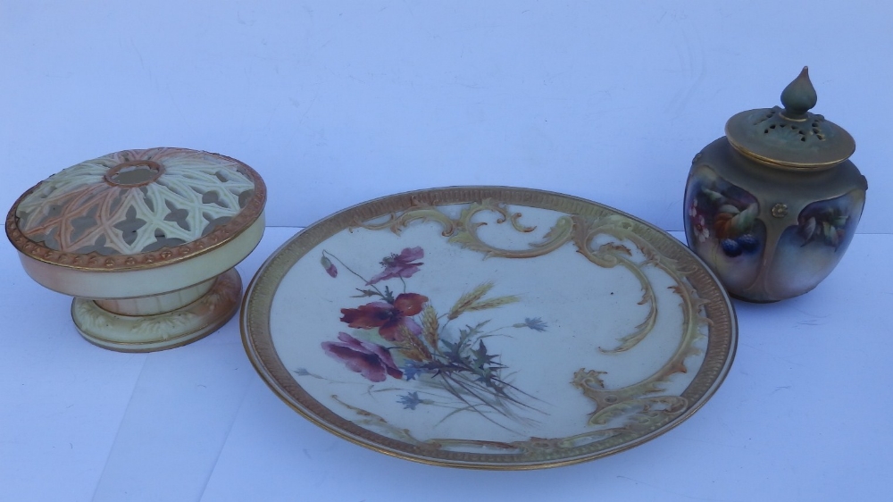 A Hadley Worcester porcelain pot pourri, another by Locke & Co. and a floral painted Worcester