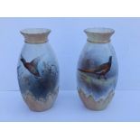 A small pair of Grainger Worcester porcelain vases painted pheasants by James Stinton , 5.25” high –